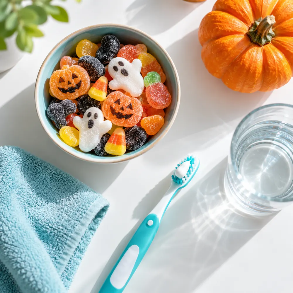 Dulces de Halloween junto a un cepillo de dientes y un vaso de agua: cómo evitar la caries