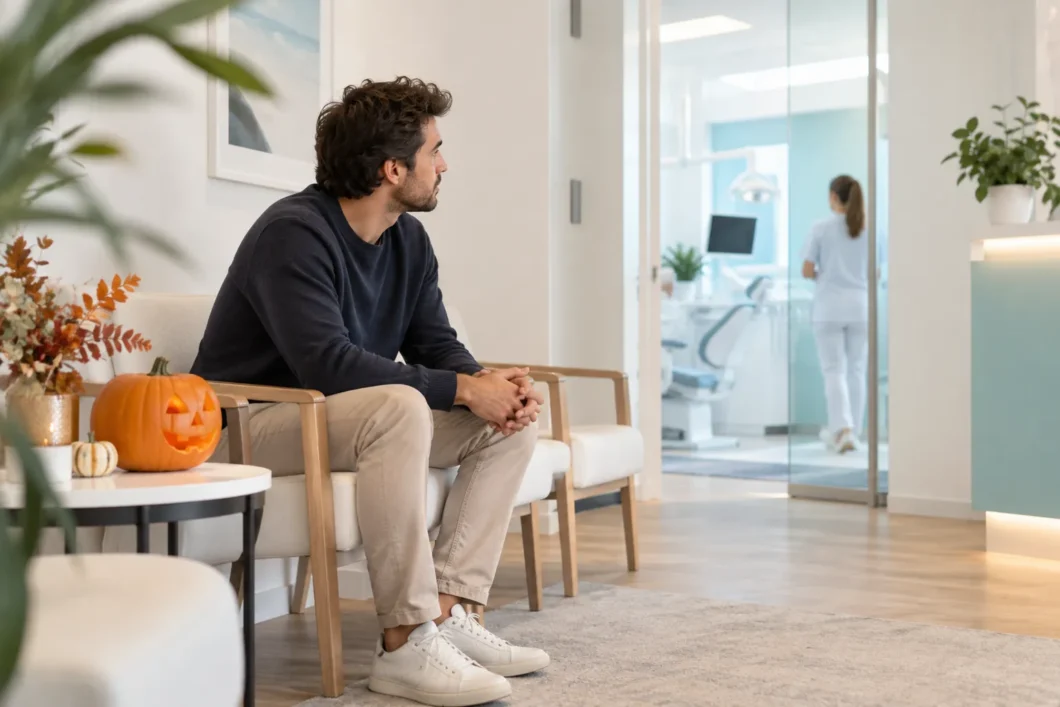 Paciente esperando en la sala de espera de una clínica dental decorada para Halloween: miedo al dentista