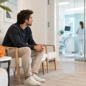 Paciente esperando en la sala de espera de una clínica dental decorada para Halloween: miedo al dentista