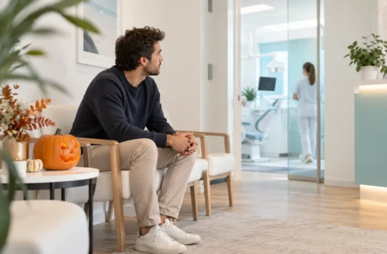 Paciente esperando en la sala de espera de una clínica dental decorada para Halloween: miedo al dentista